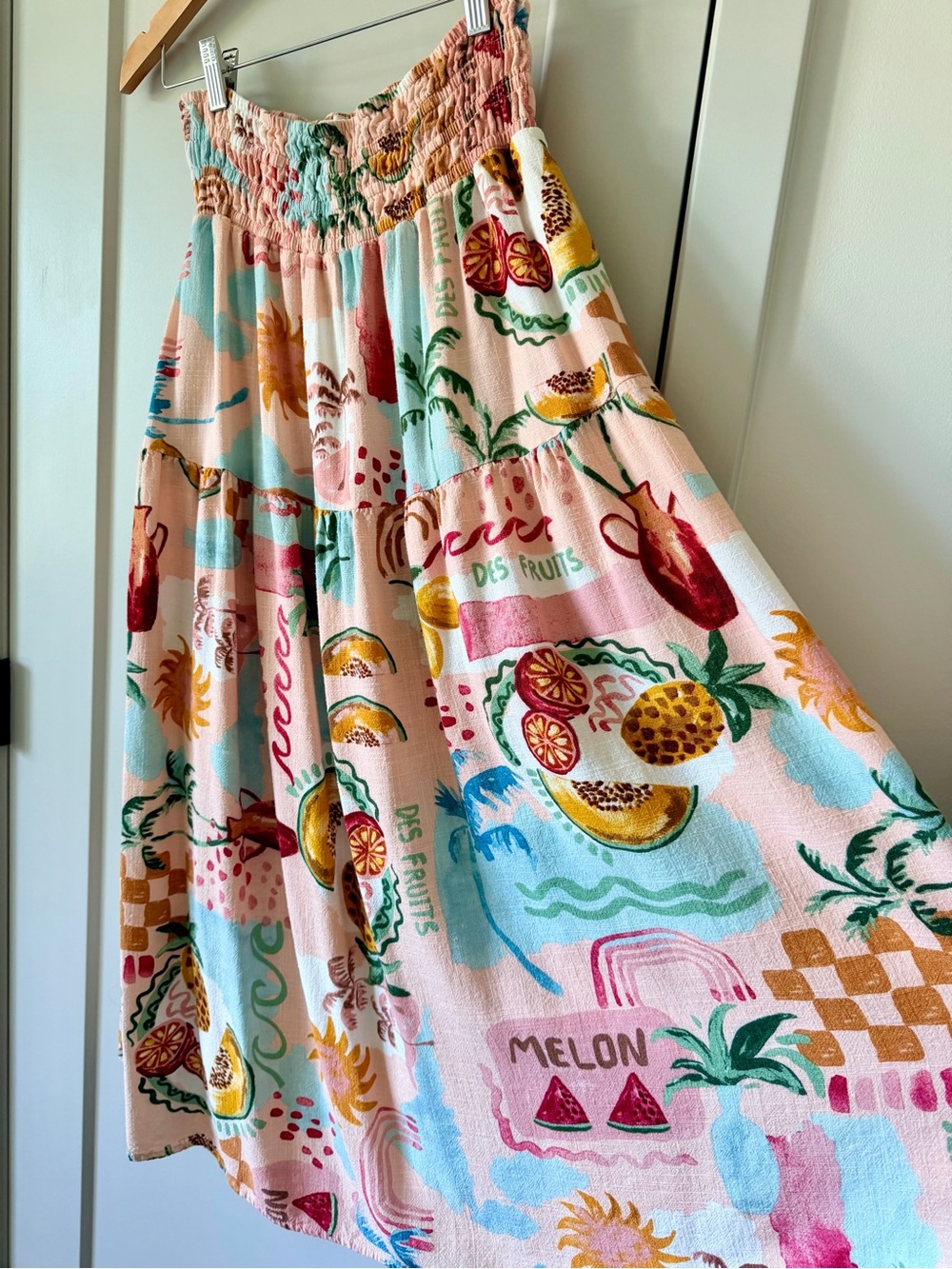Paper Heart Smocked Waist Tropical Fruit Linen Blend Midi Skirt with Pockets - Picture 2 of 7